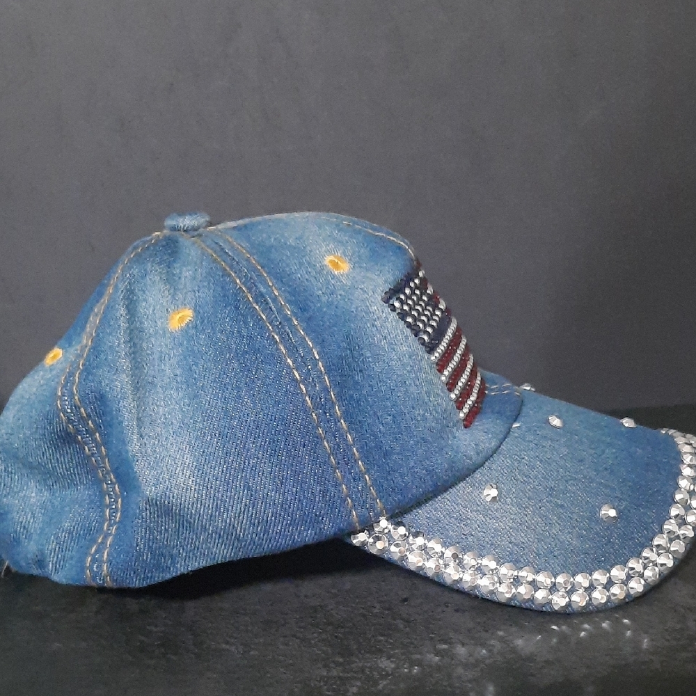 NWOT Denim Rhinestone American Flag Baseball Cap - Blue - Picture 2 of 6